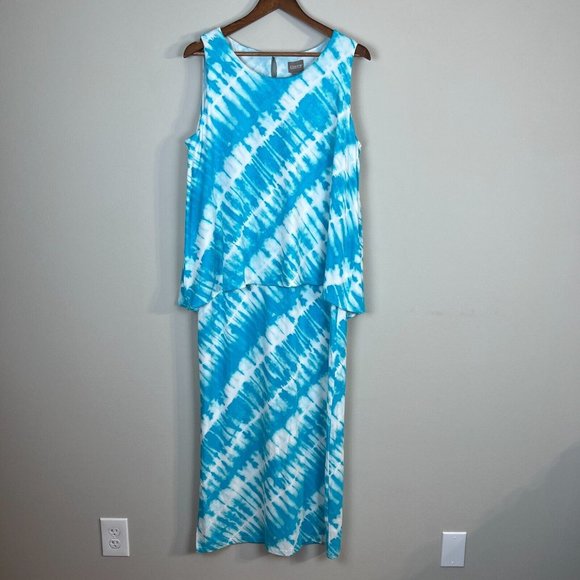 Chicos 2 Dress Large Blue Tie Dye Maxi Overlay Layered Flyaway Sleeveless Summer - Picture 1 of 11